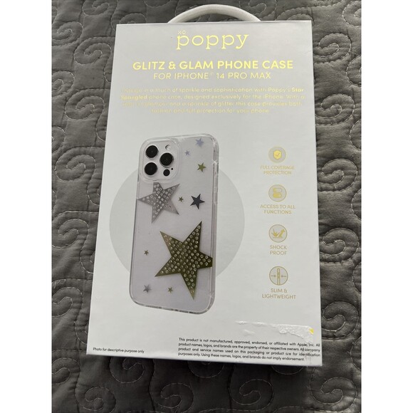 XO Poppy IPhone Glitz & Glam Case 14 PROMAX  Silver And Gold Glitter Stars New - Picture 4 of 4